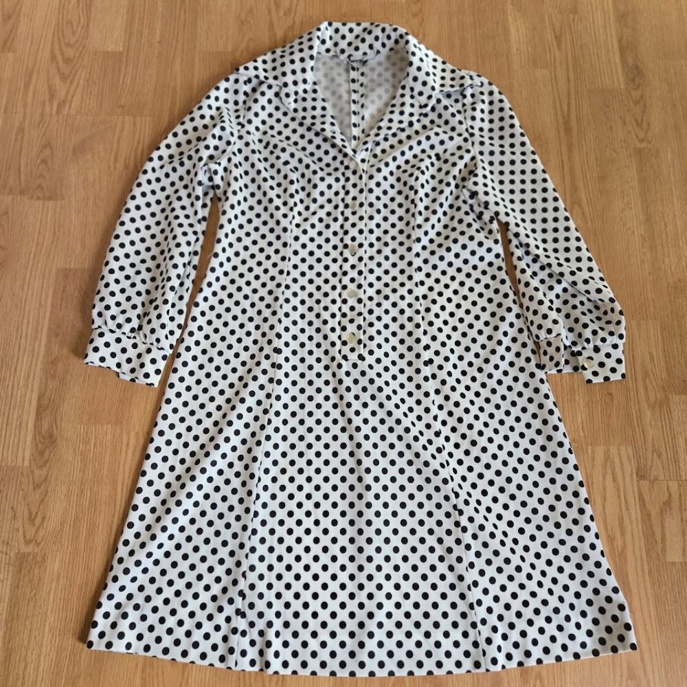 Vintage Hopewell Black & White Polka Dot Dress 70s Mod Long Sleeve A-Line - Picture 7 of 11